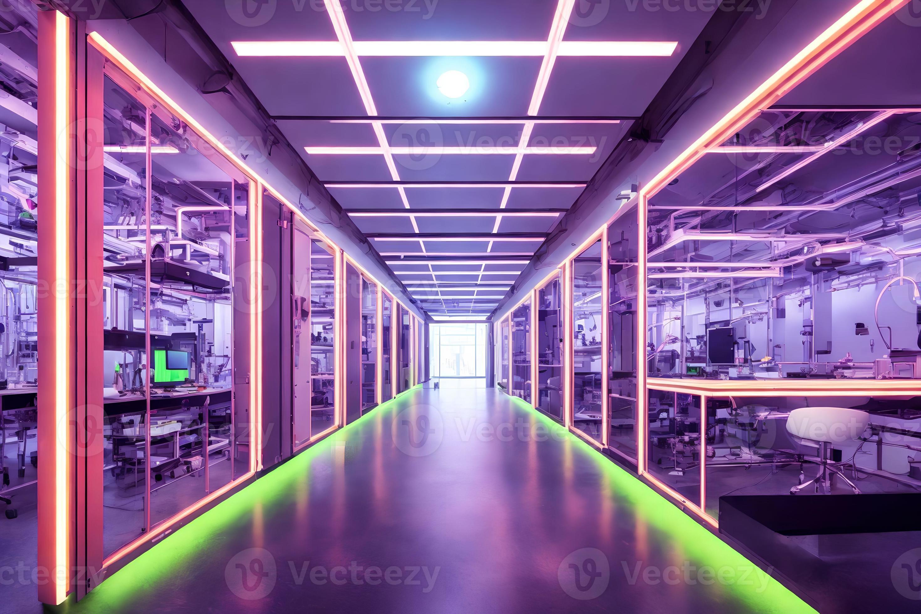 futuristic interior design laboratory lab server room with neon light