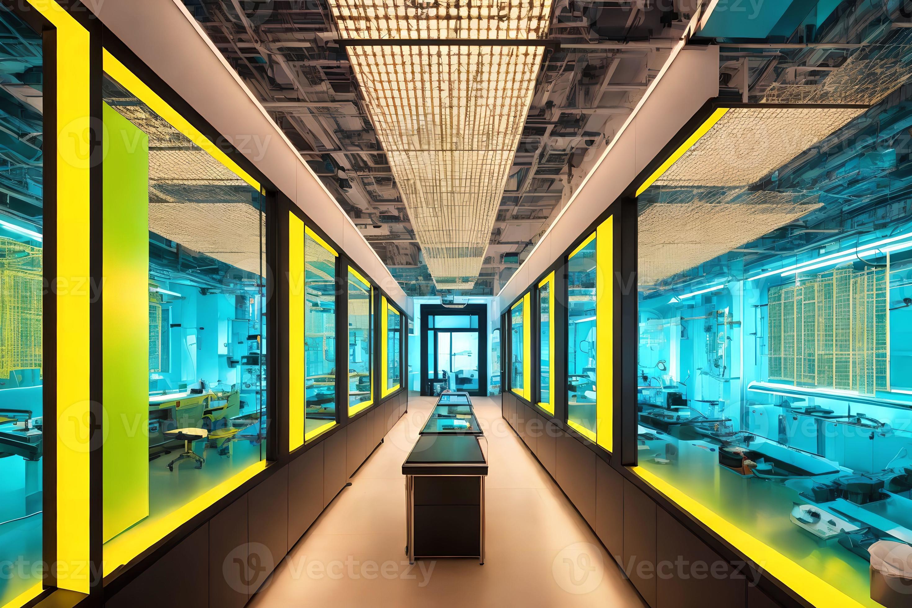 futuristic interior design laboratory lab server room with neon light