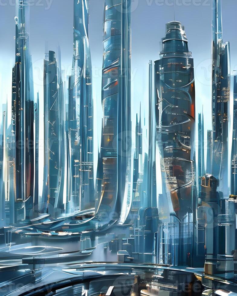 , Sci Fi Future Cityscape of unique futuristic building architecture with steel metal and future glass materials, LED lights, dreams image photo