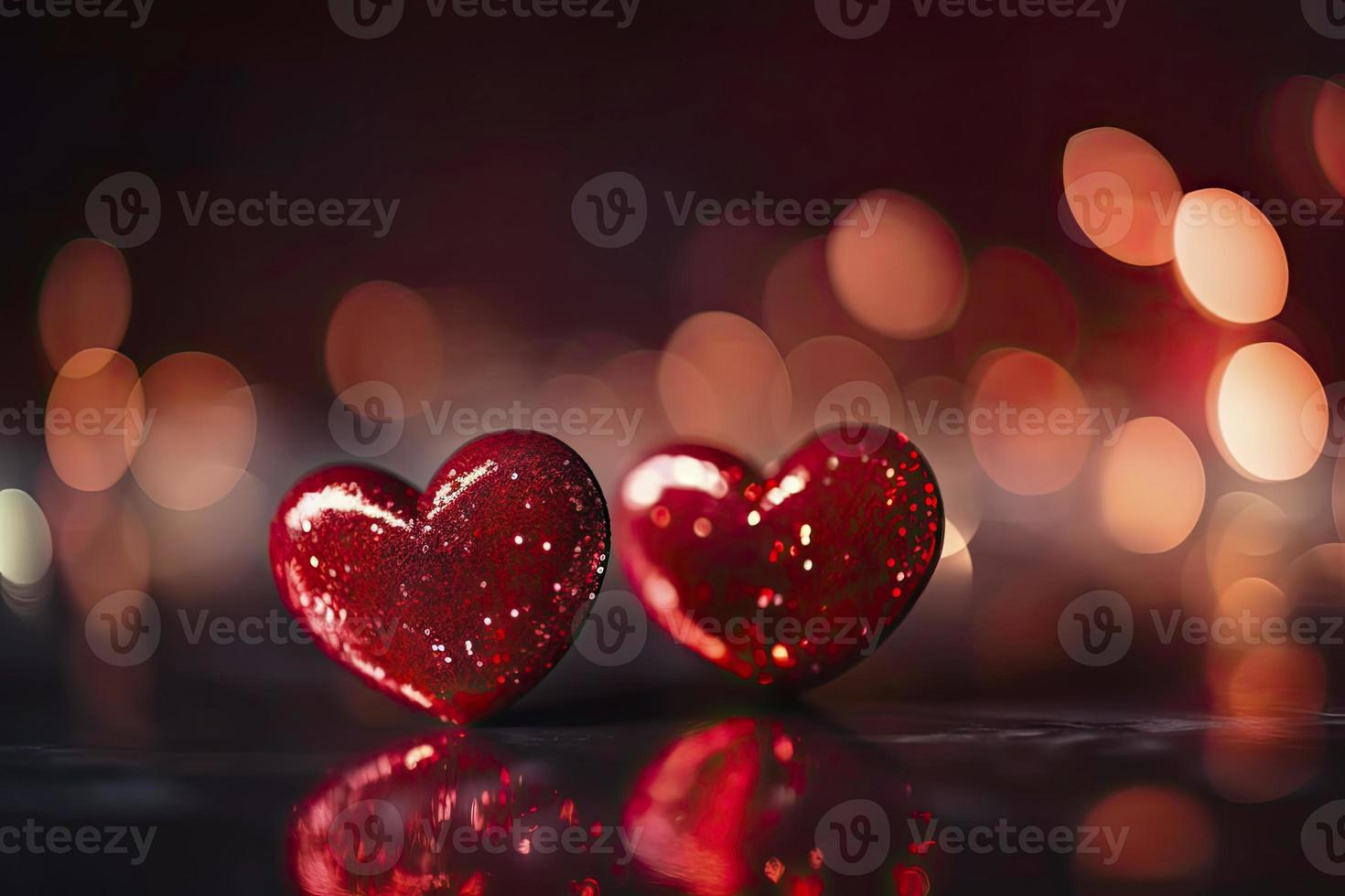 Valentines Red Hearts On Shiny Glitter Background With Defocused Abstract Lights photo