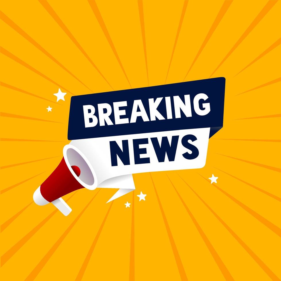 Megaphone with Breaking news banner template. Flat style vector design.