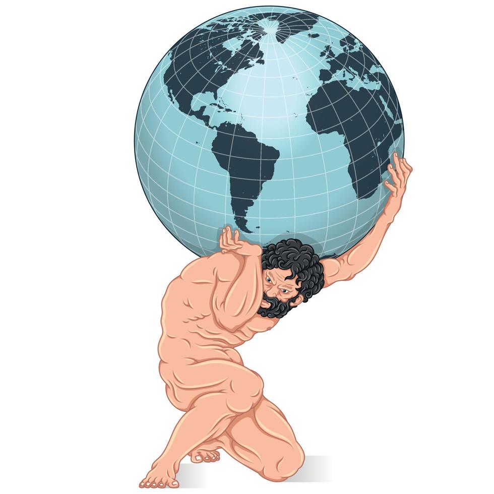 Vector design of the titan Atlas holding the planet earth on his shoulders, titan from Greek mythology holding the earth sphere