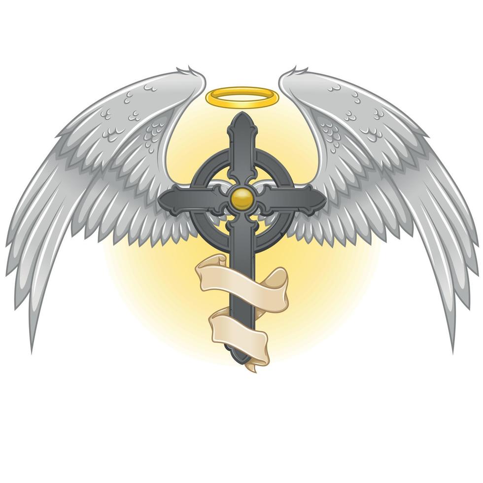 Vector design of winged cross with ribbon, heavenly cross with wings, Christian symbology of paradise