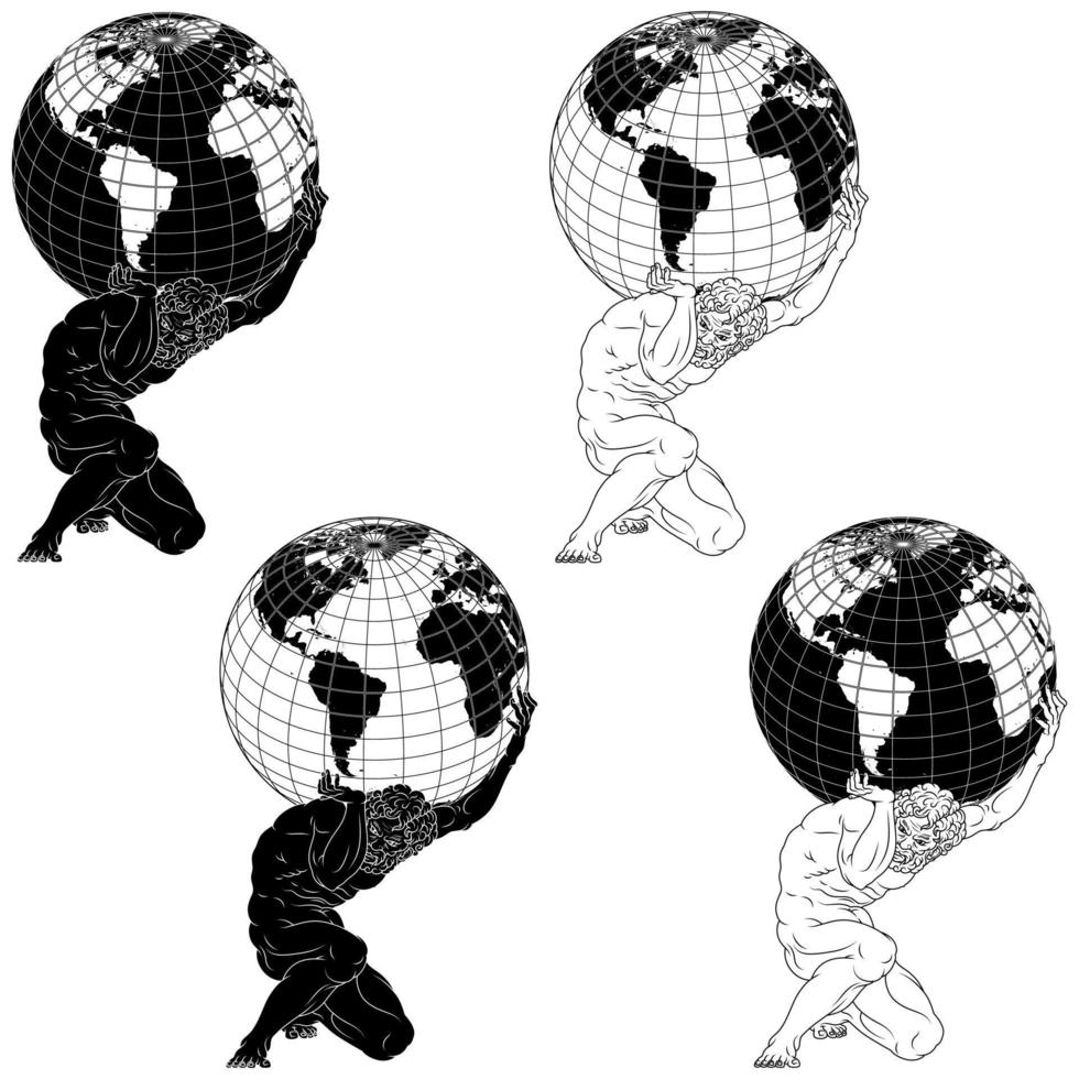 Vector design of the titan Atlas holding the planet earth on his shoulders, titan from Greek mythology holding the earth sphere