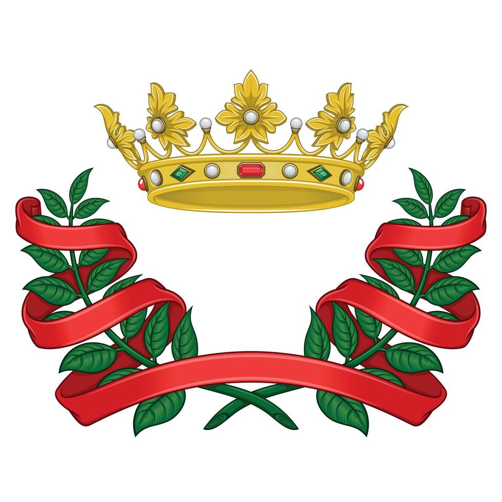 vector diseño de real corona con laurel guirnalda rodeado por cinta, dos aceituna ramas adornado con cinta con oro corona
