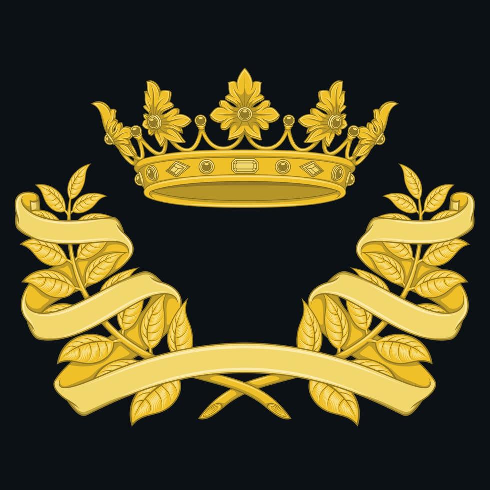 Vector design of royal crown with laurel wreath surrounded by ribbon, two olive branches adorned with ribbon with gold crown