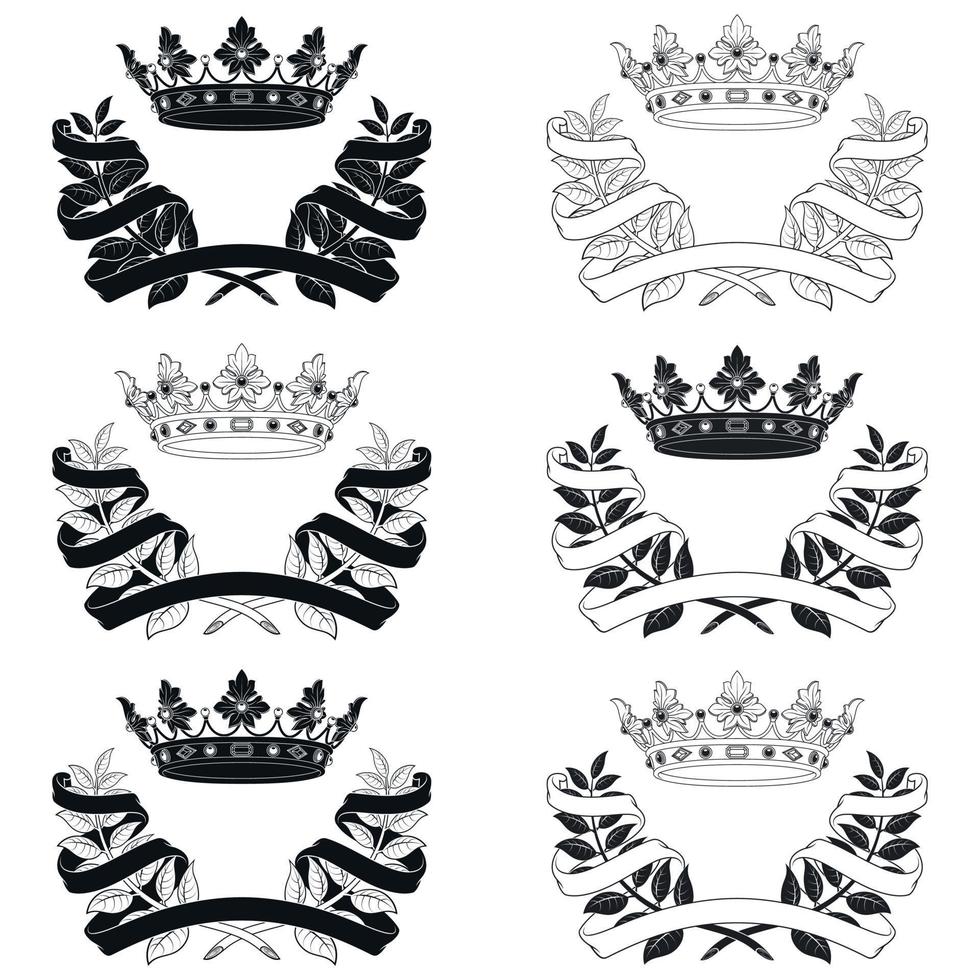 Vector design of royal crown with laurel wreath surrounded by ribbon, two olive branches adorned with ribbon with gold crown