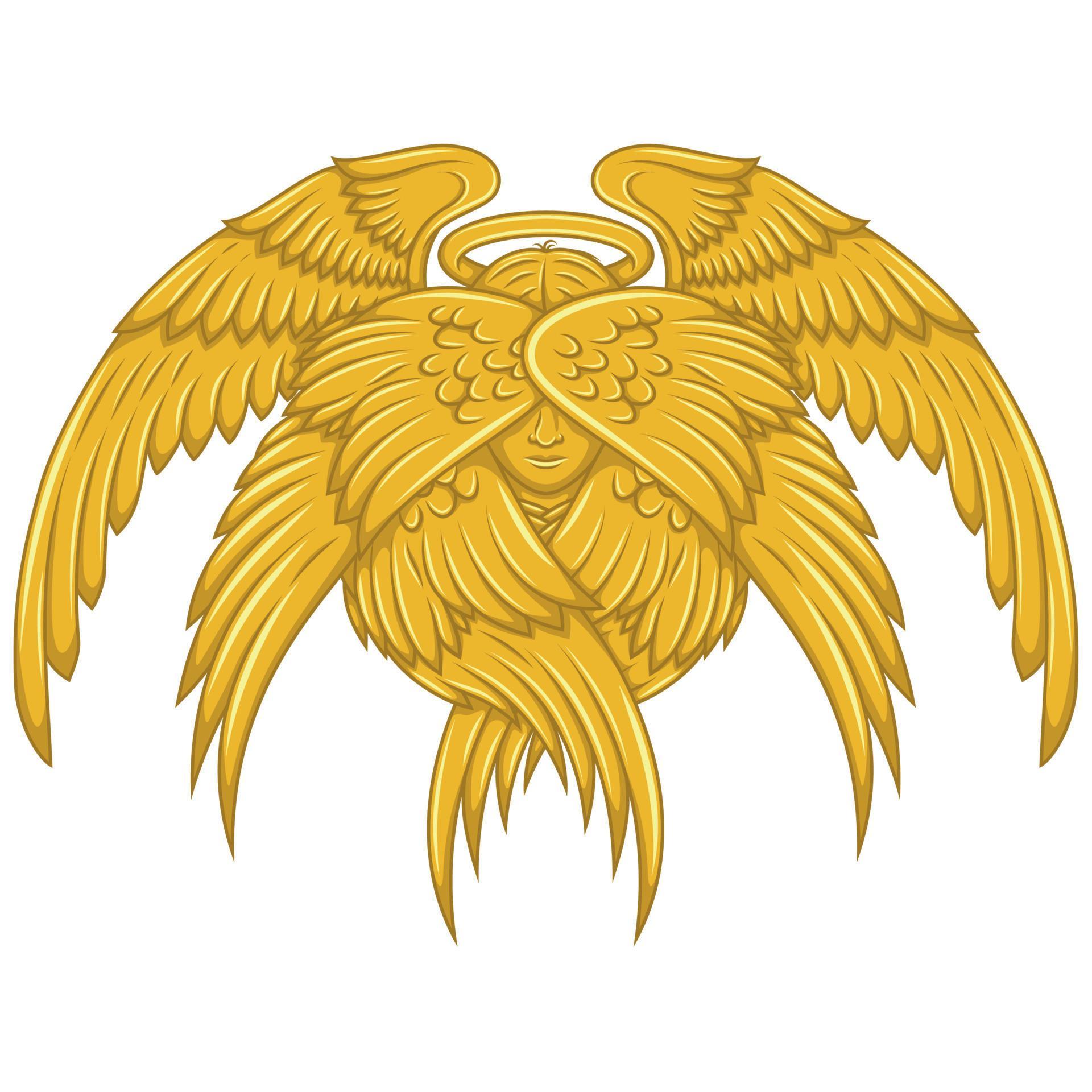 Vector design of seraph with six wings, angelic face of catholic