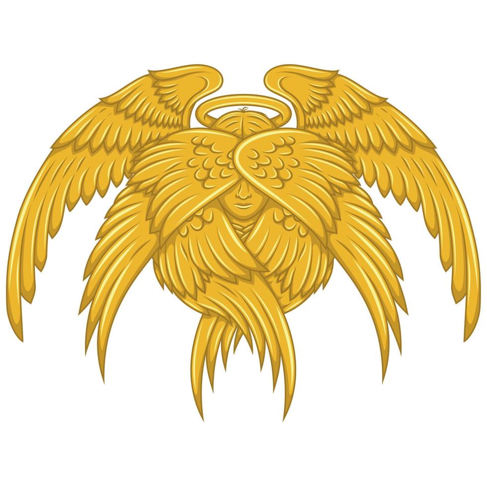 Vector design of seraph with six wings, angelic face of catholic religion, archangel with halo and feathers