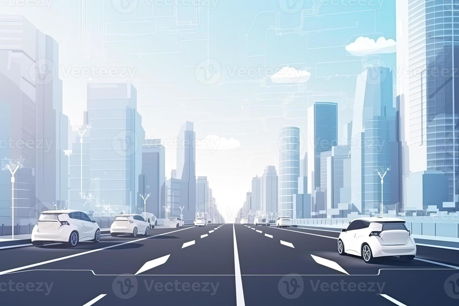Road in the city with autonomous Driverless cars and people walking on the street. In the background skyline skyscrapers photo