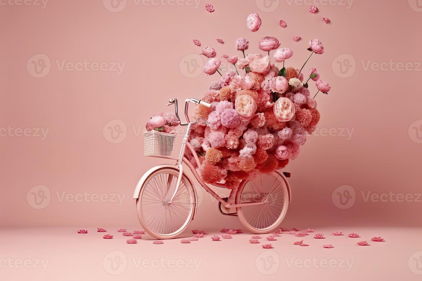 Flowers fly out from pink bicycle bascet on pink background. Romanitic concept for Valentine day photo