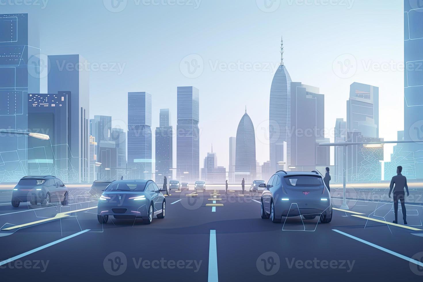 Road in the city with autonomous Driverless cars and people walking on the street. In the background skyline skyscrapers photo