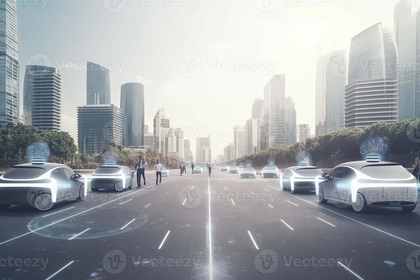 Road in the city with autonomous Driverless cars and people walking on the street. In the background skyline skyscrapers photo