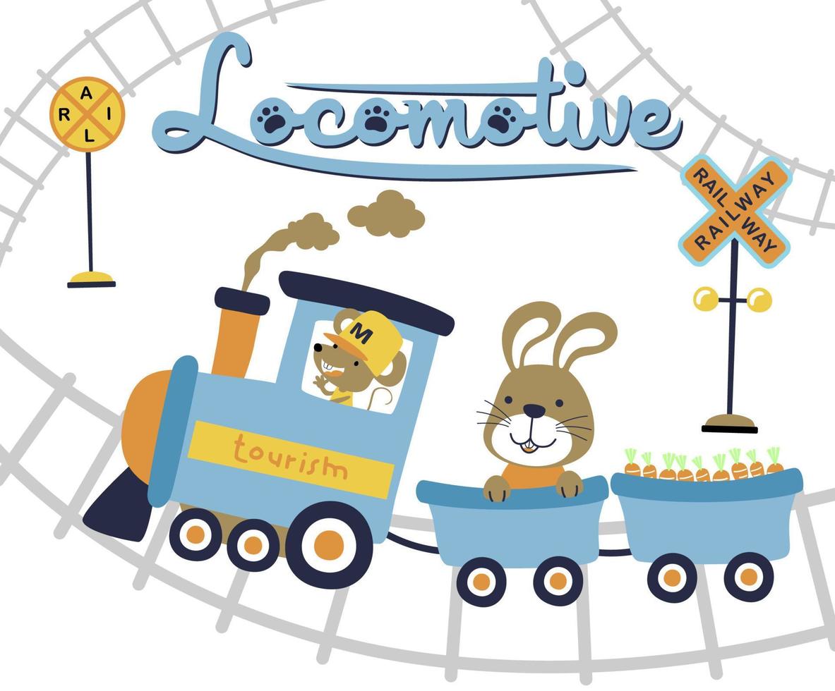 cute mouse and rabbit on steam train, vector cartoon illustration