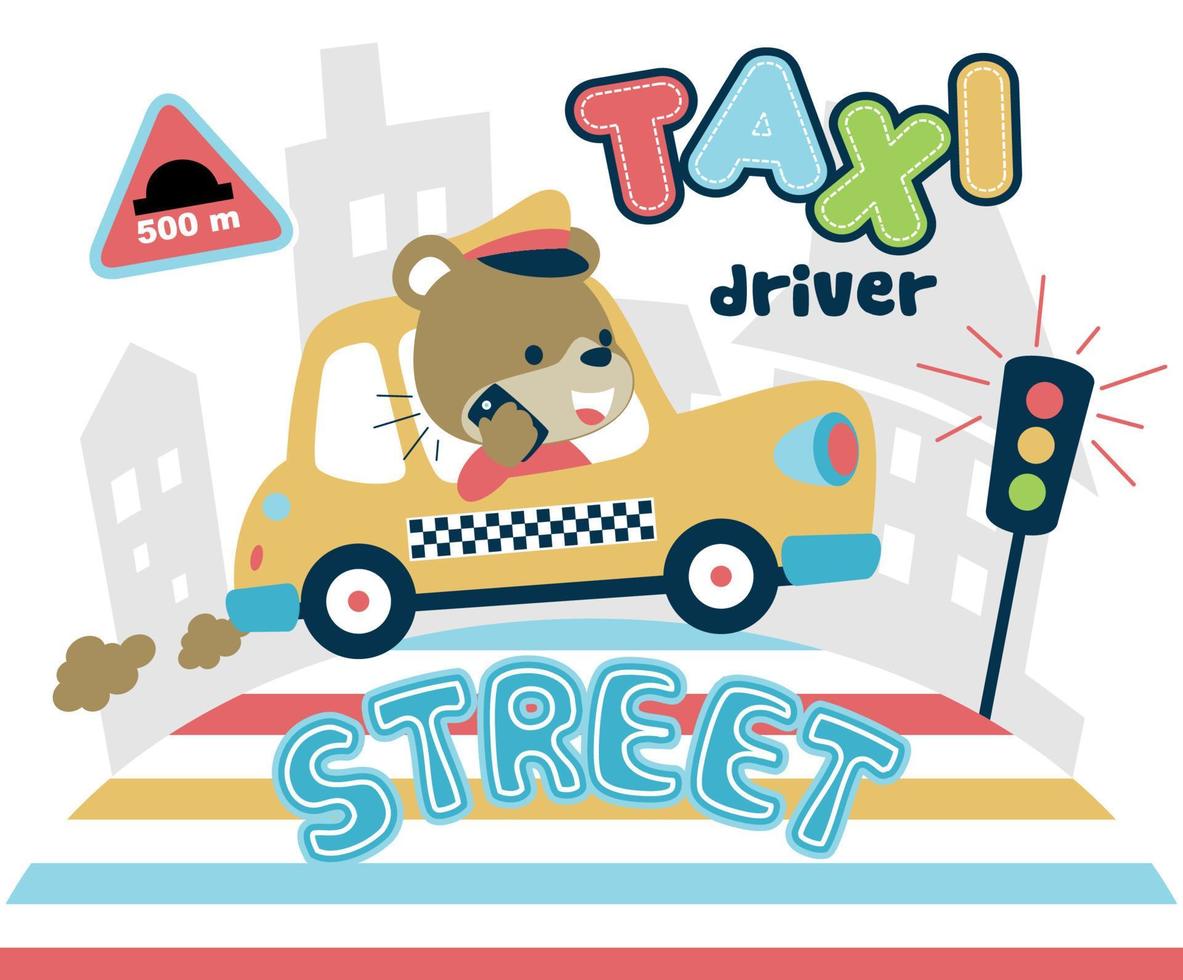 funny bear on taxi make a call while driving, vector cartoon illustration