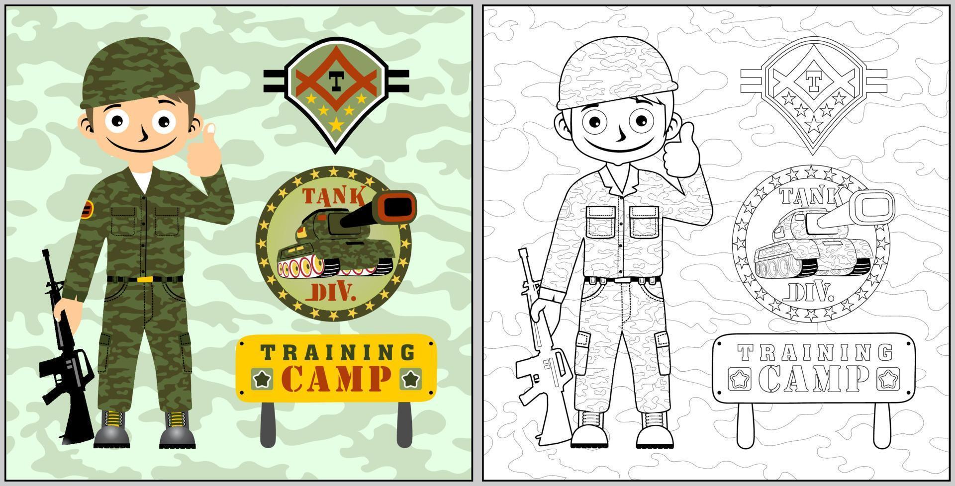 Vector cartoon of young soldier with armored vehicle on camouflage background, coloring book or page