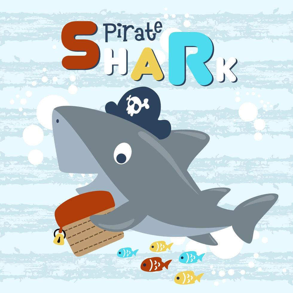 vector cartoon of pirate shark with treasure chest, colorful fishes on cracked striped background