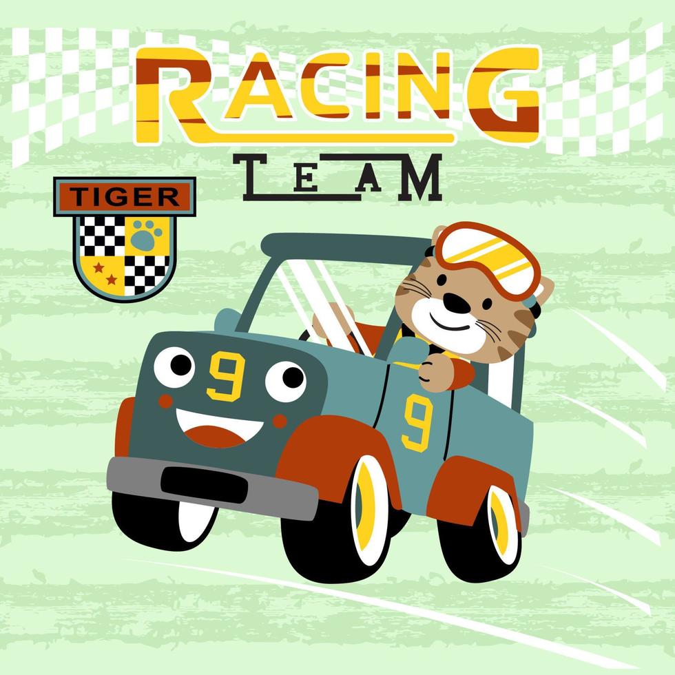 vector cartoon of funny cat on racing car