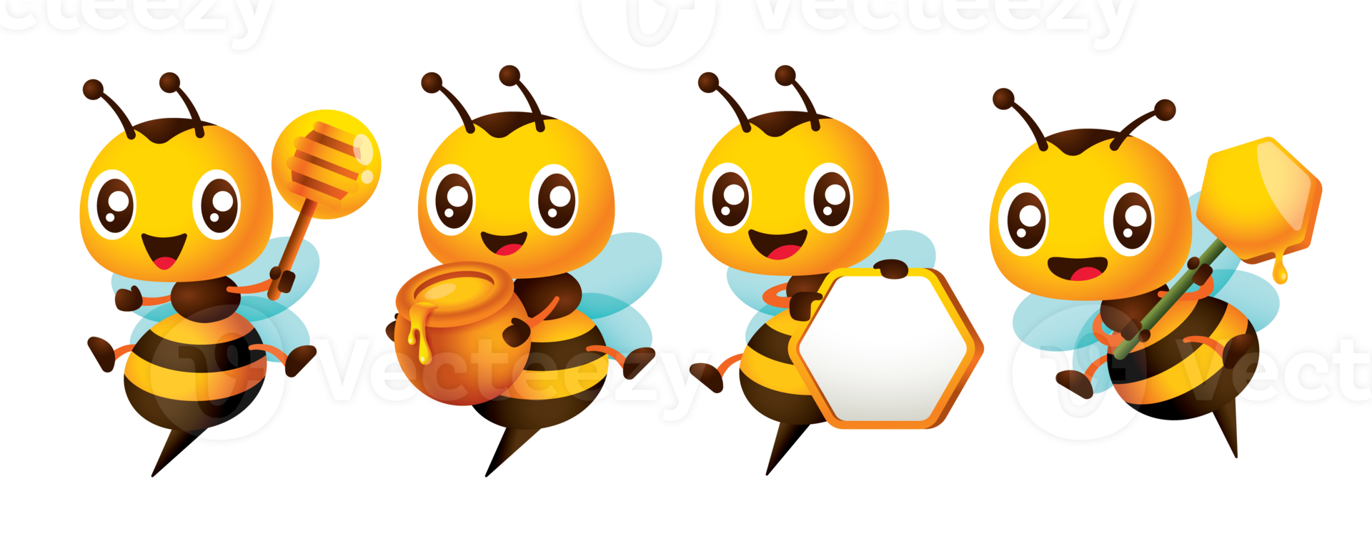 Cartoon cute bee character set series with different poses. Cute Bee holding honey dipper, honeycomb signboard and honey pot png