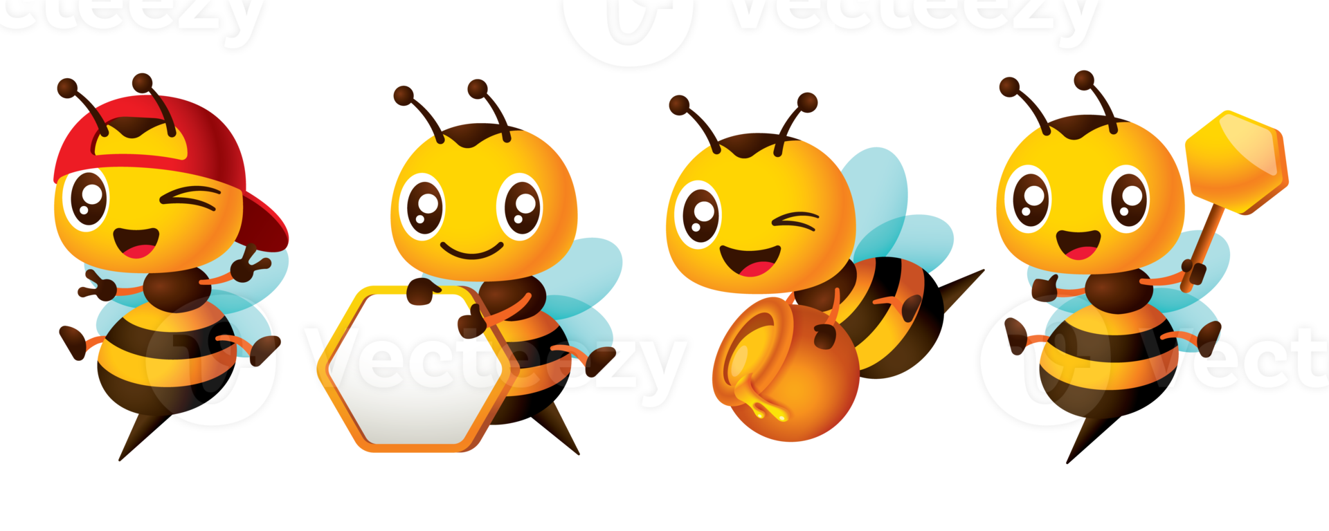 Cartoon cute bee character set series with different poses. Cute Bee holding honey dipper, honeycomb signboard and honey pot, show peace hand sign png