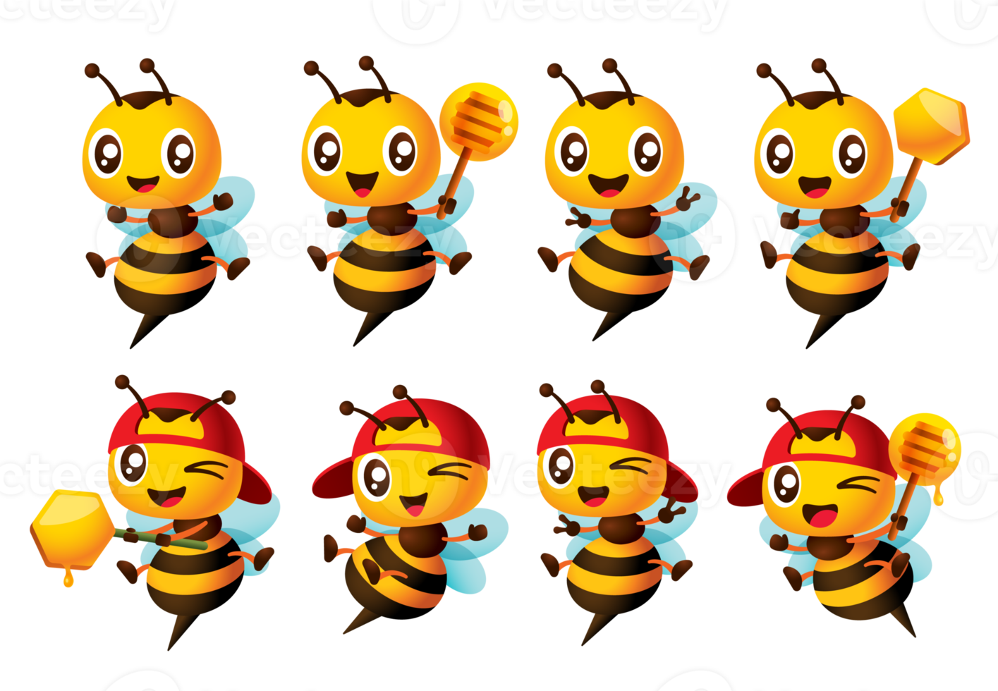 Cartoon cute happy bee character set with different poses. Cute Bee holding honey dripper and honeycomb stick and showing victory hand sign. Bee ultimate mascot illustration set png