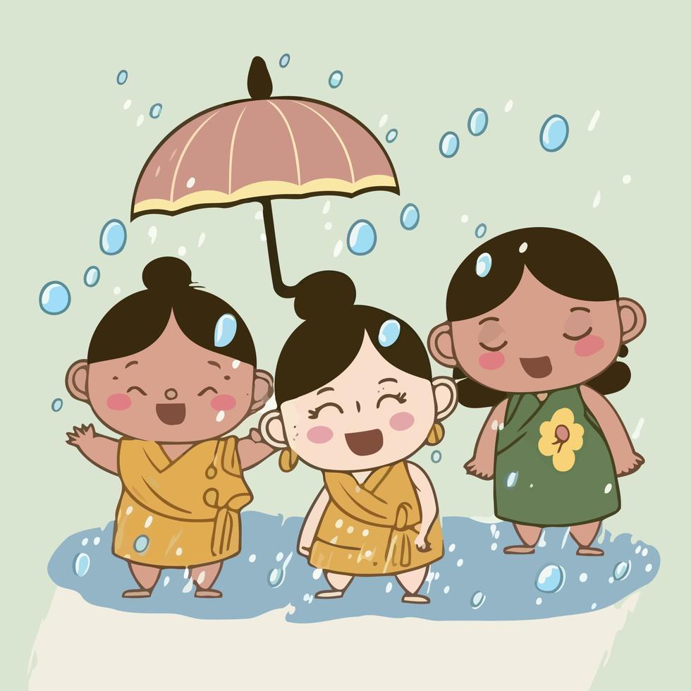 Tres mujer celebrando Songkran tailandés nuevo año nacional fiesta vector
