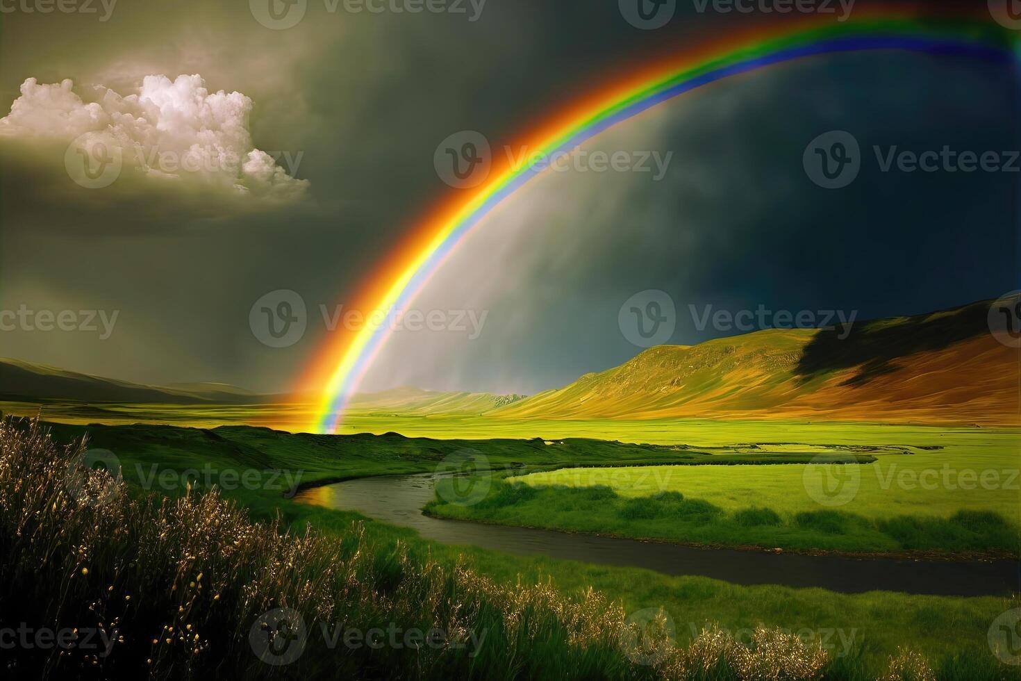 arco iris en el verde prado. ai generado foto