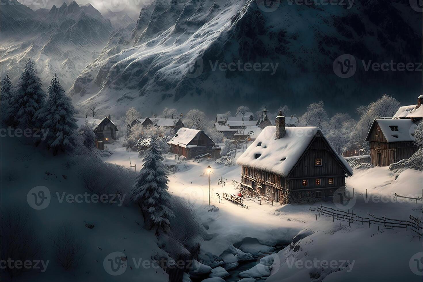 Snow covered village nestled in the mountains. photo