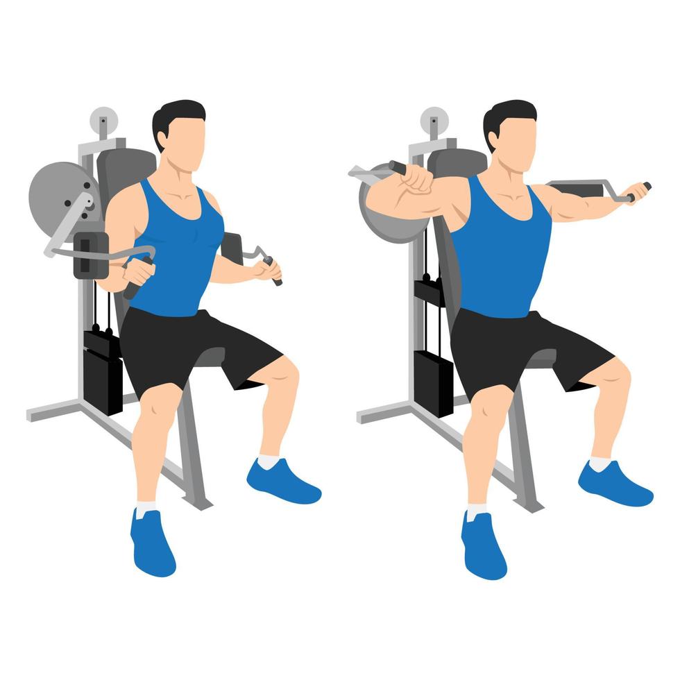 Man doing Seated Lateral raise machine. Power partials exercise. vector