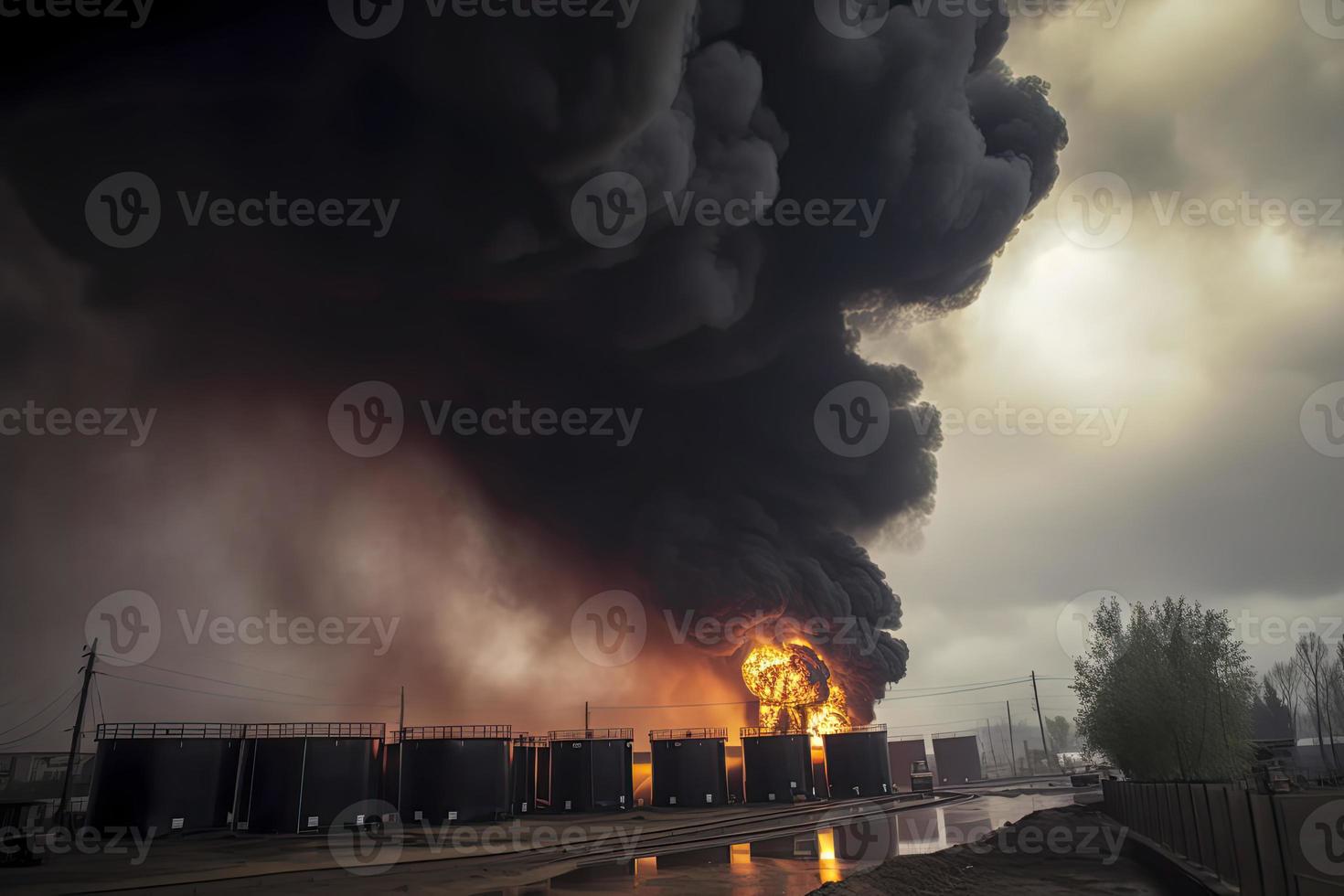 Oil storage fire. The tank farm is burning, black smoke photo