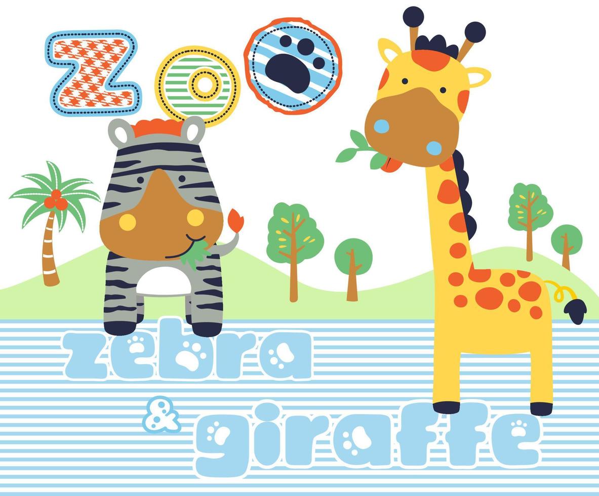Funny zebra with giraffe in the zoo, vector cartoon illustration