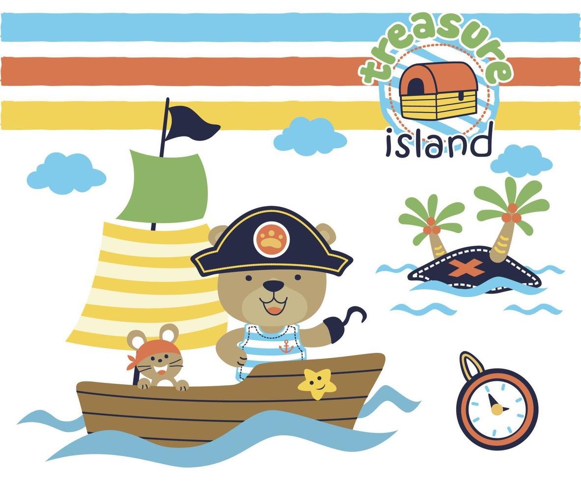 linda oso con ratones en velero, pirata navegación elementos, vector dibujos animados ilustración