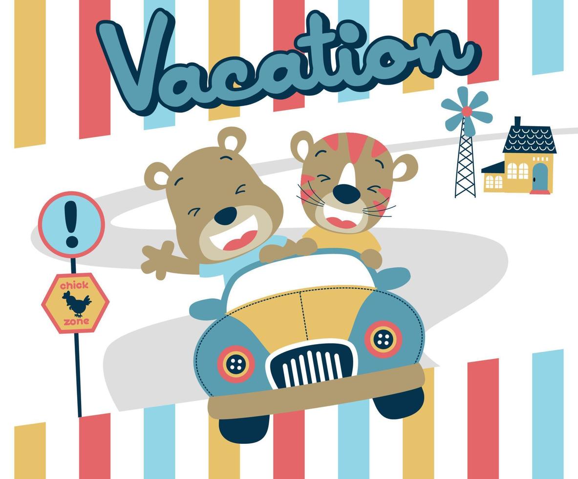 vector cartoon of funny tiger with bear on little car