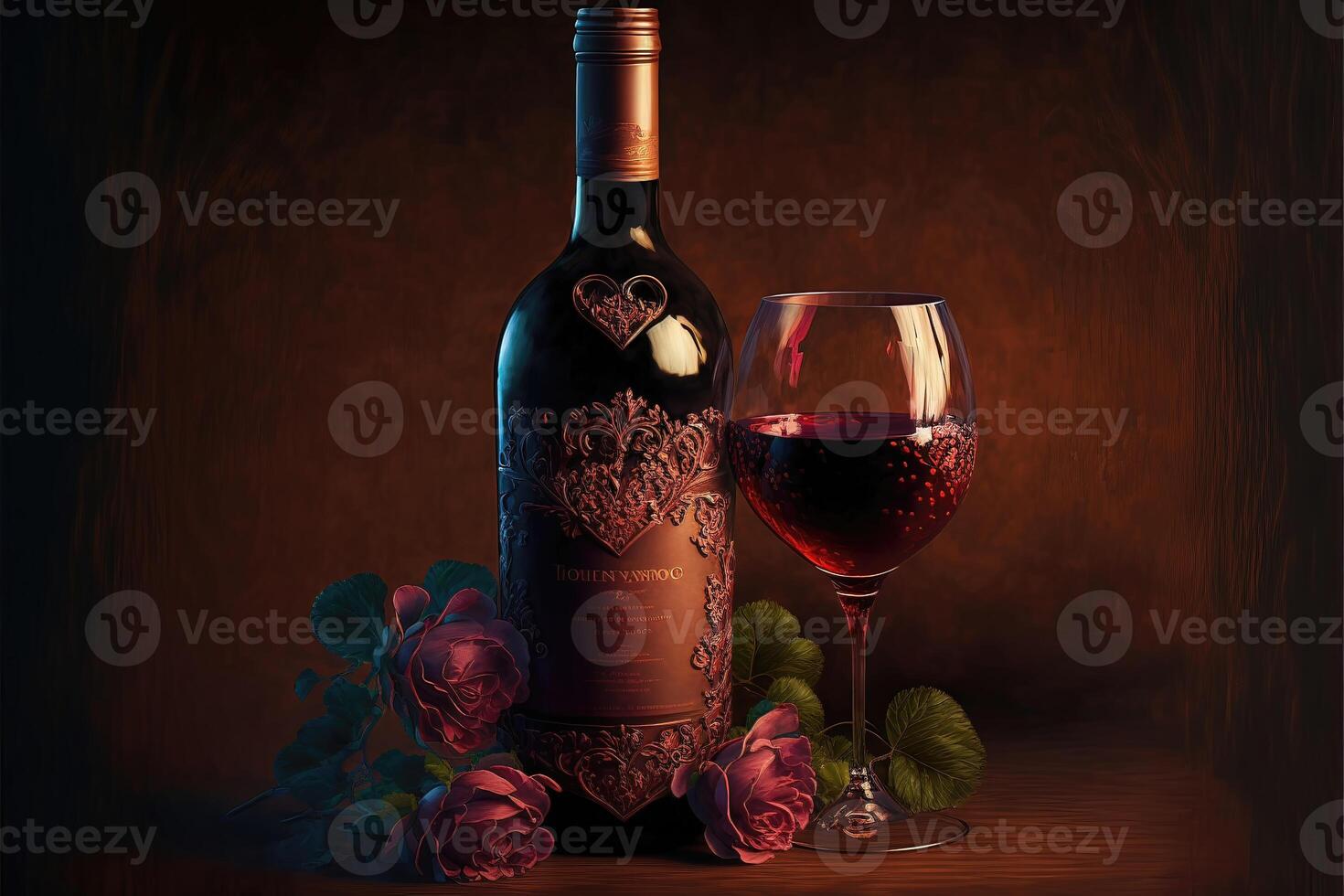 Wine glasses and wine bottles celebrate Valentine's Day. photo