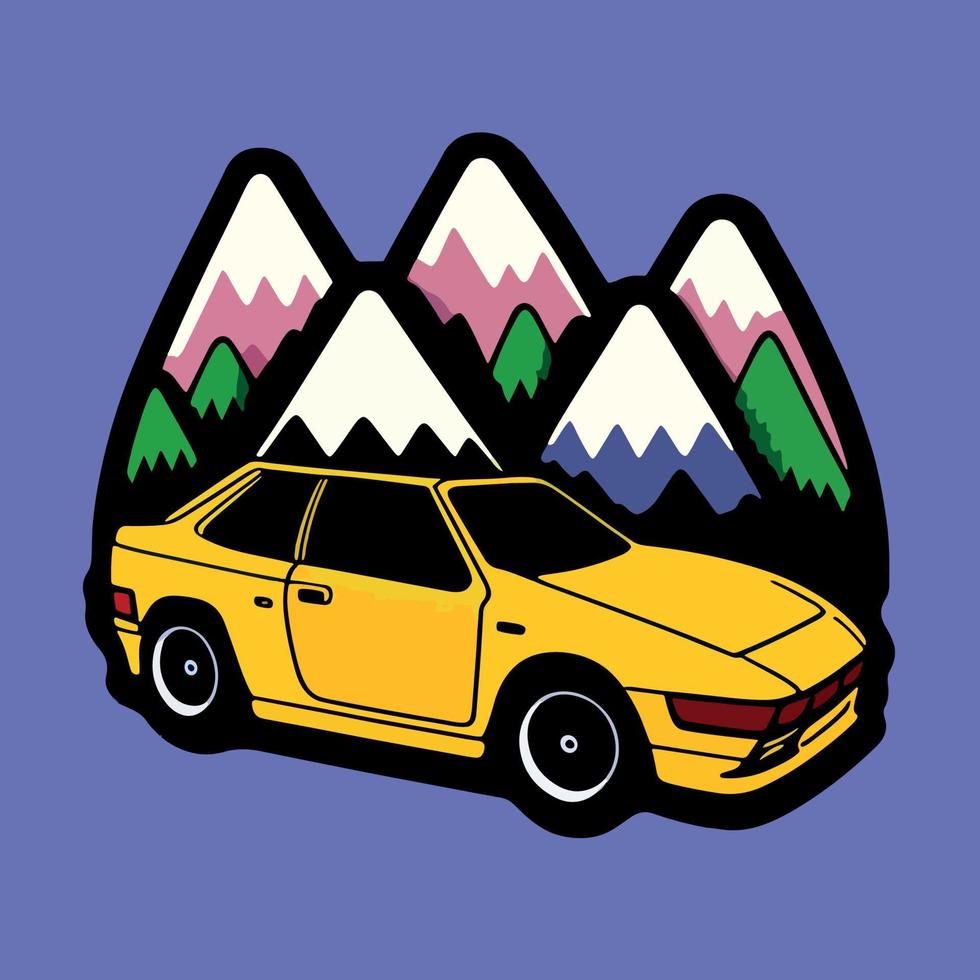 A yellow sports car with mountains in the background. vector