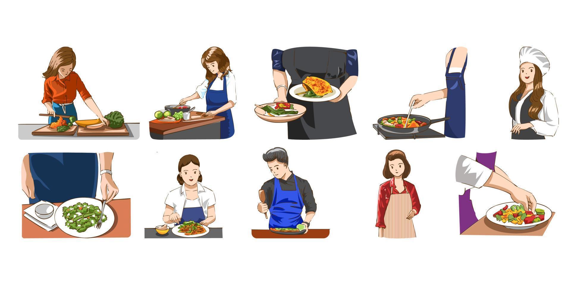 mujer Cocinando vector conjunto colección gráfico clipart diseño