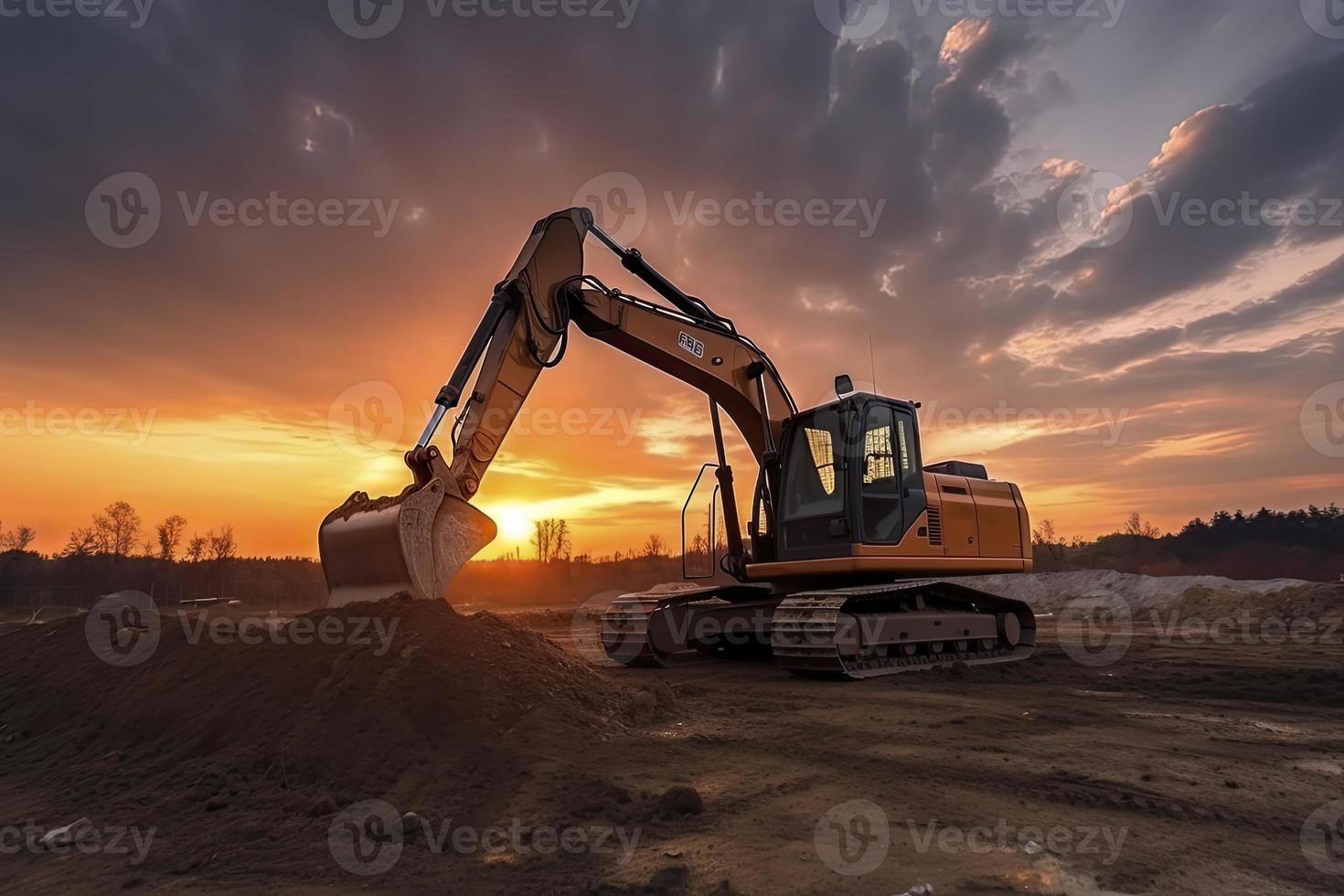 Excavator in construction site on sunset sky photo