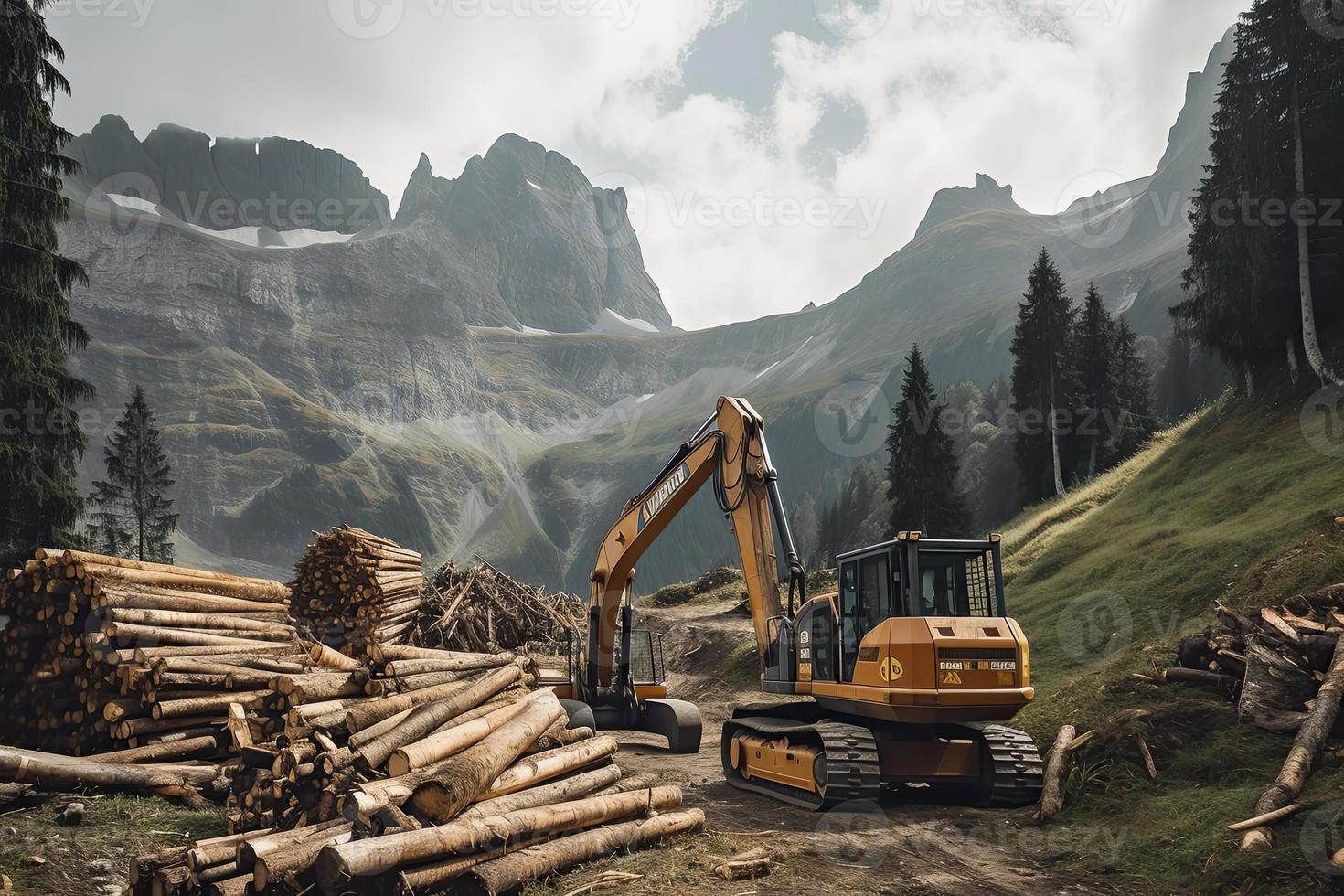 crane loading cut tree trunks on stack on mountain photo