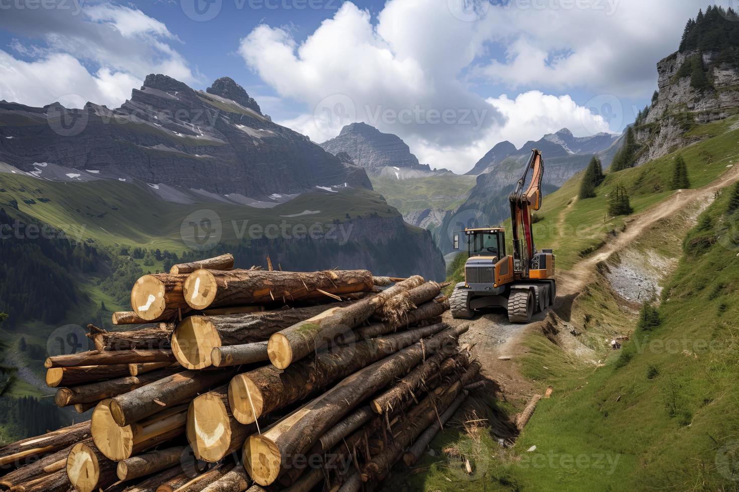 crane loading cut tree trunks on stack on mountain photo