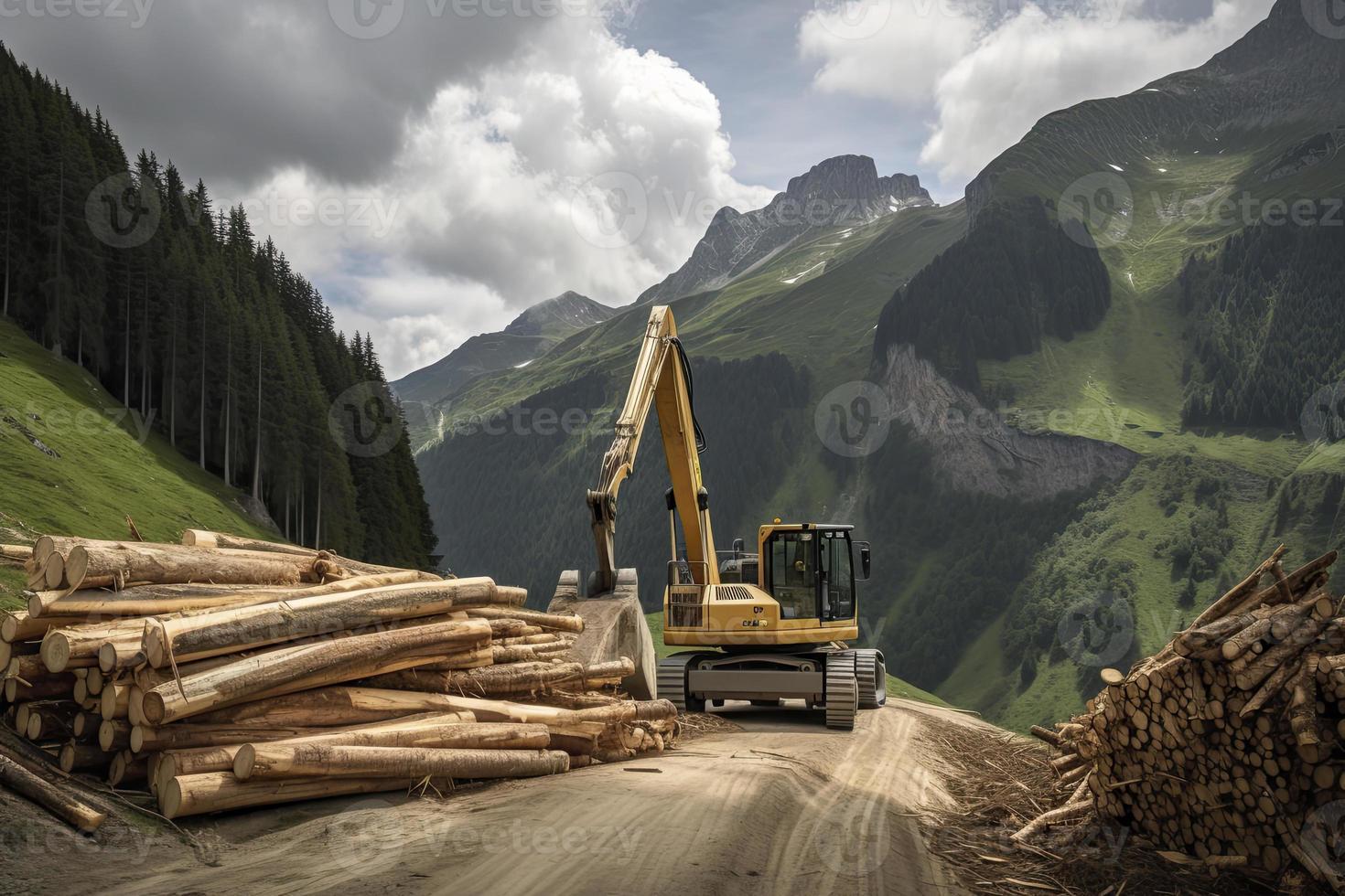 crane loading cut tree trunks on stack on mountain photo