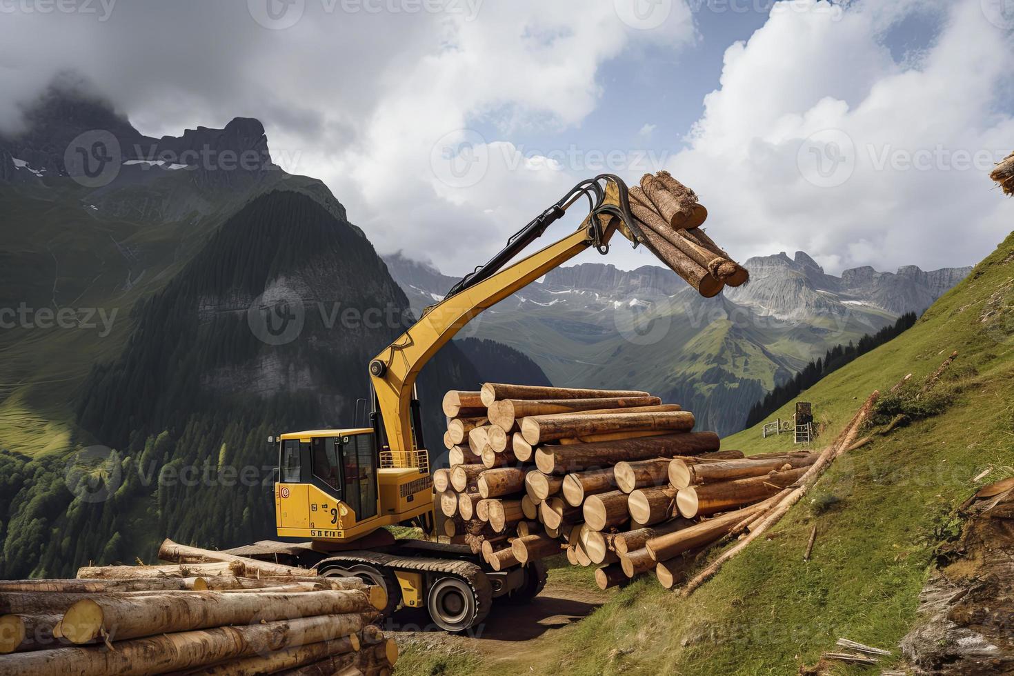 crane loading cut tree trunks on stack on mountain photo