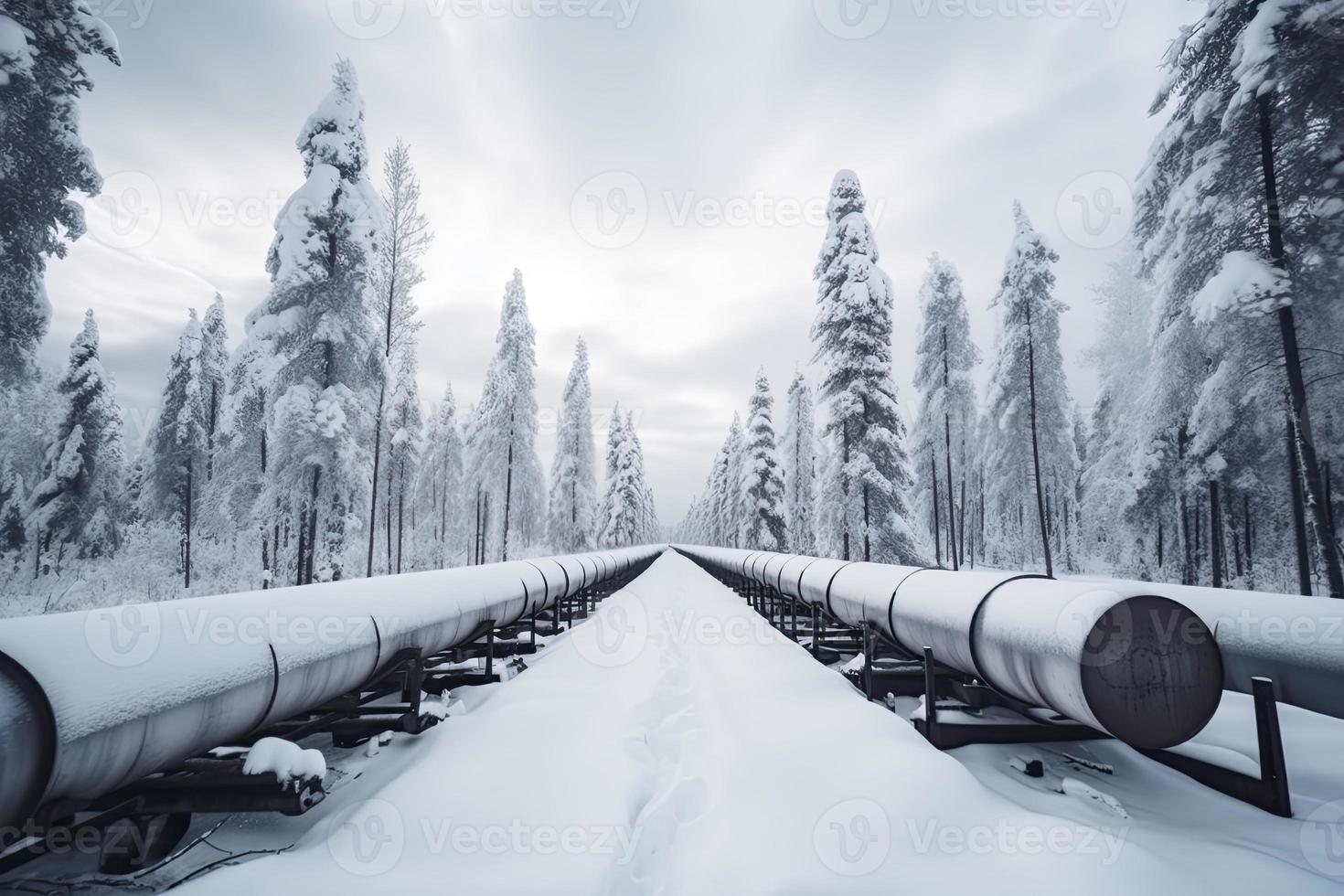 Huge industrial pipelines of central heating system. Snow on pipes photo