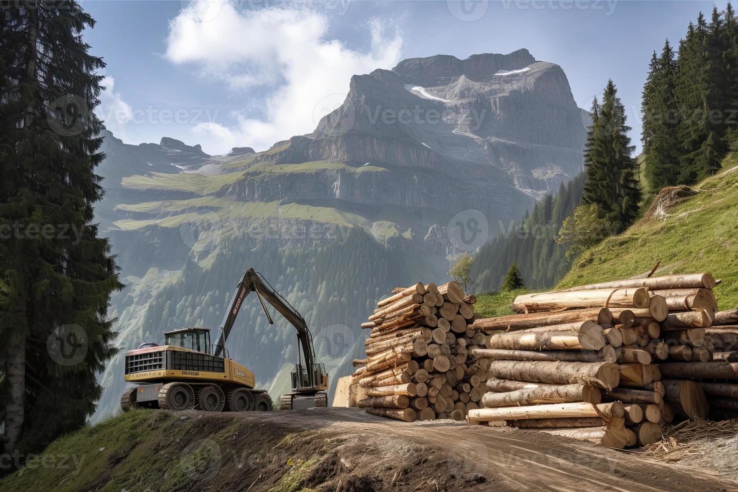 crane loading cut tree trunks on stack on mountain photo