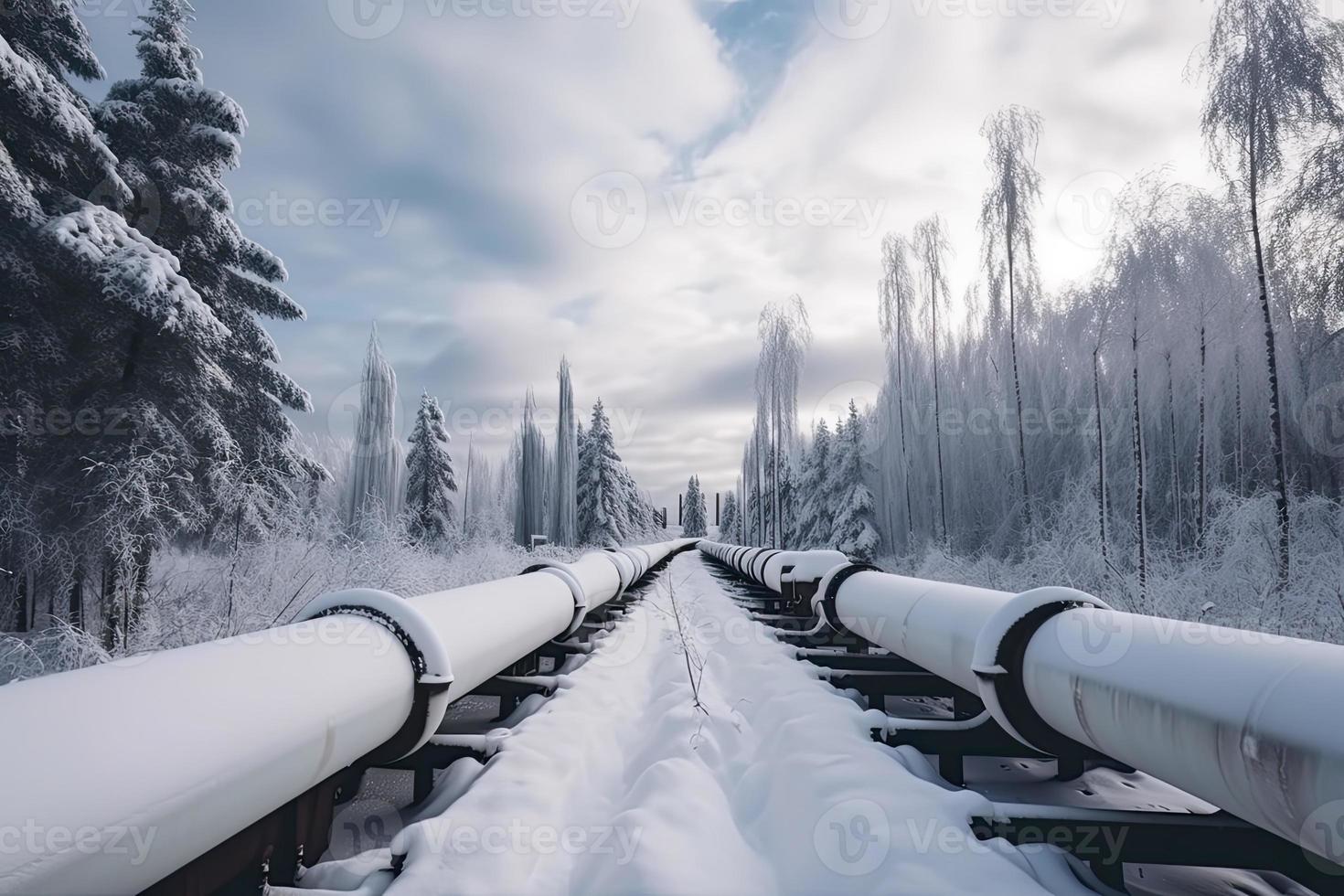 enorme industrial oleoductos de central calefacción sistema. nieve en tubería foto