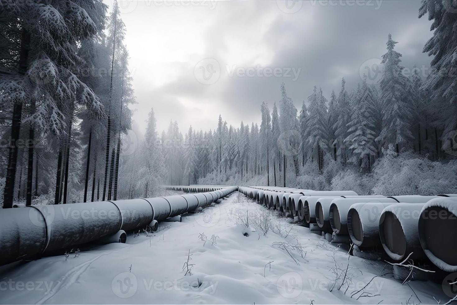 Huge industrial pipelines of central heating system. Snow on pipes photo