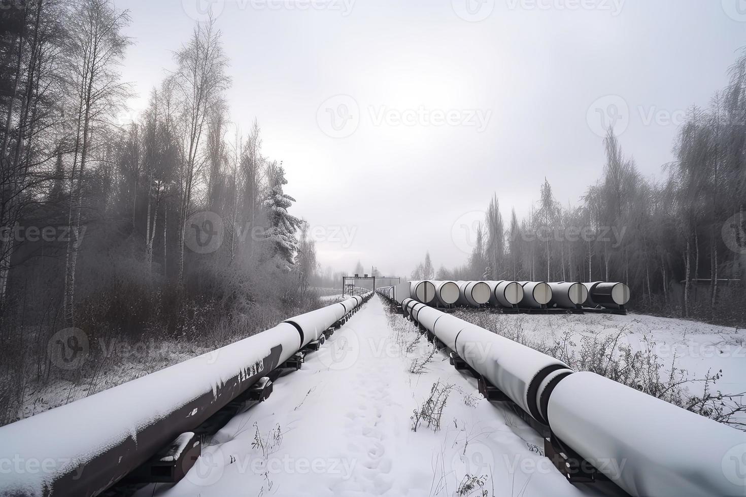 Huge industrial pipelines of central heating system. Snow on pipes photo