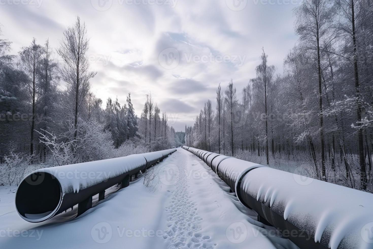 enorme industrial oleoductos de central calefacción sistema. nieve en tubería foto