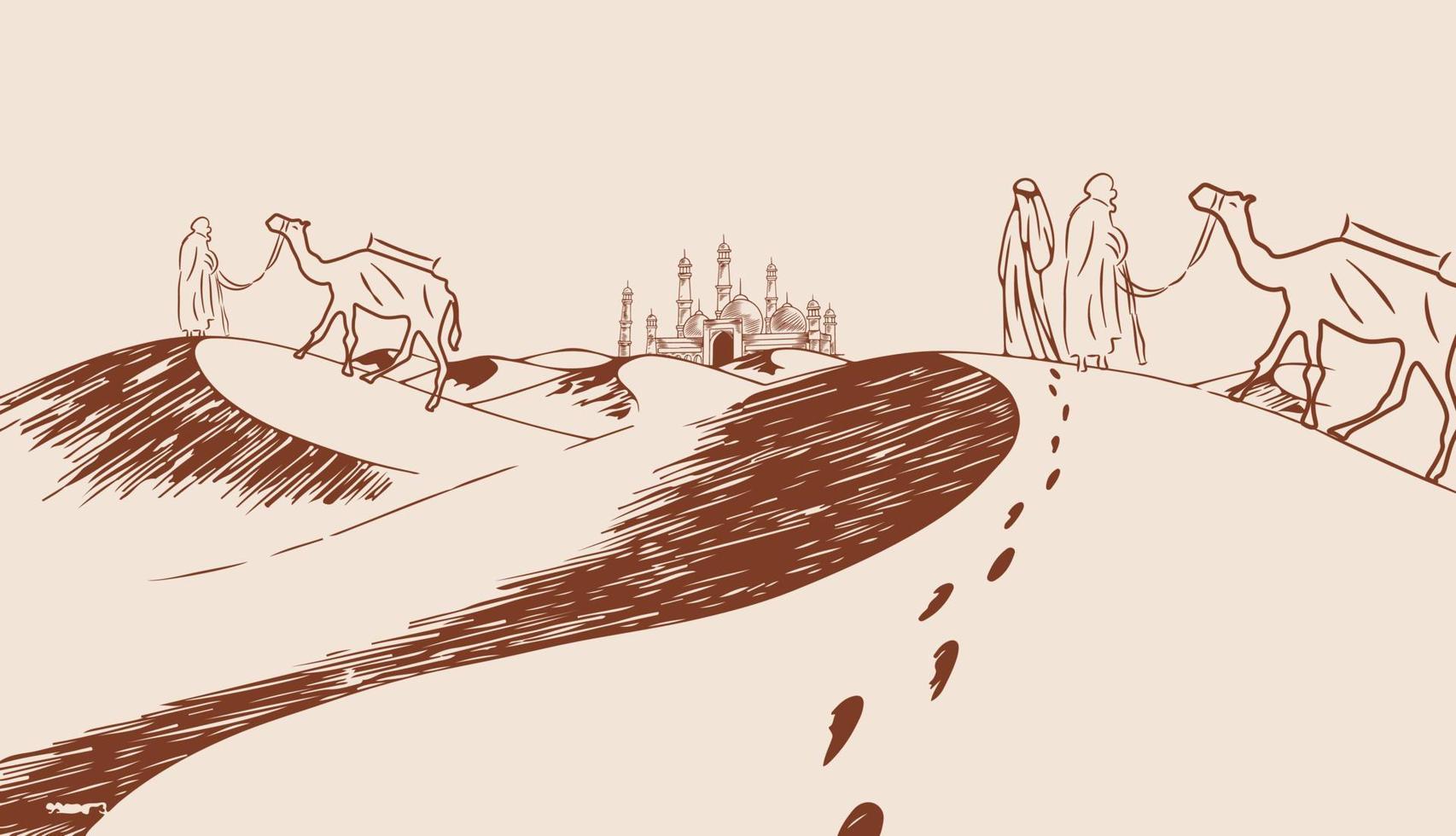 Vector sketch of the arab caravan. Camels are on the desert among the dunes. Silhouettes of animals on the horizon.