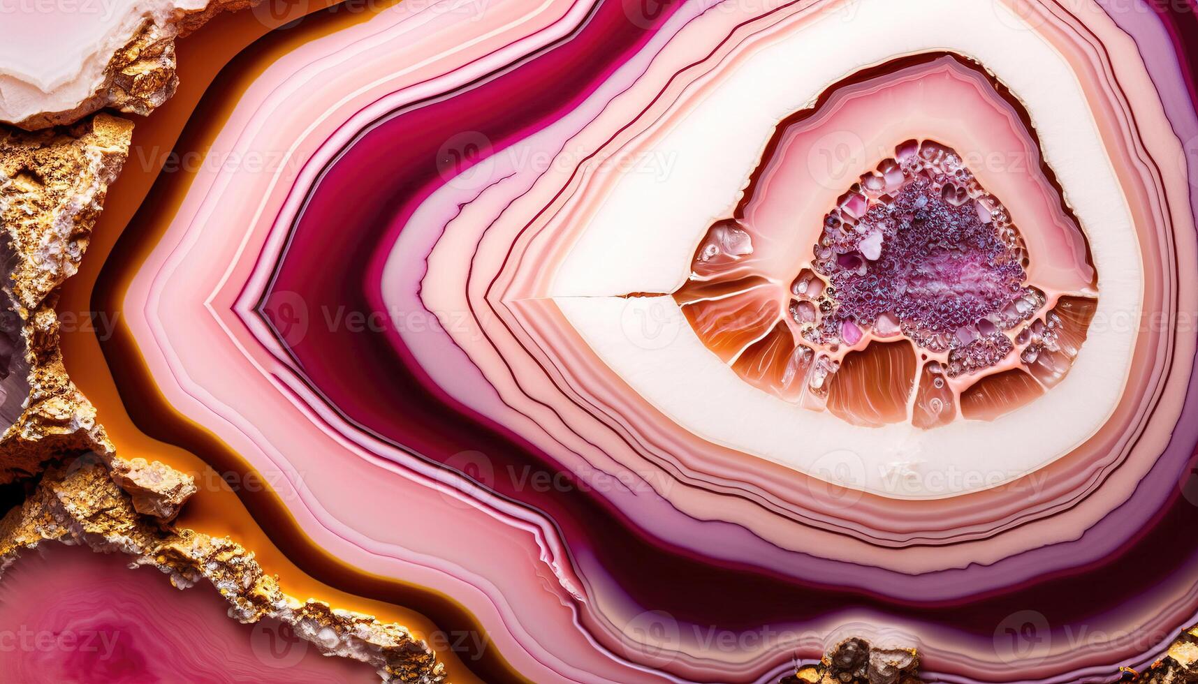 , natural volcanic agate stones close-up pink magenta and golden texture. Wallpaper background, quartz marble, decorative rock pattern photo