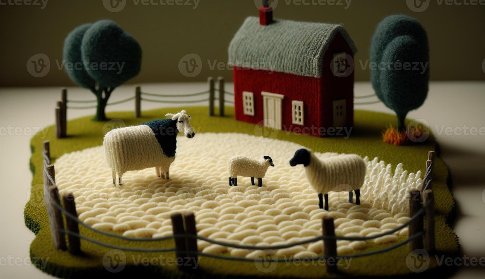 , cute farm landscape made of crochet with trees, river, green grass, farm animals. Dreamy agricultural scene made of wool materials, fabric, yarn, sewing for background photo